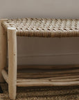 Étagère basse banc bois tressé rangement chaussures vue de côté