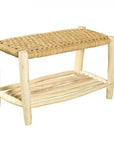 Banc en bois d'eucalyptus tressé corde de palmier avec étagère de rangement