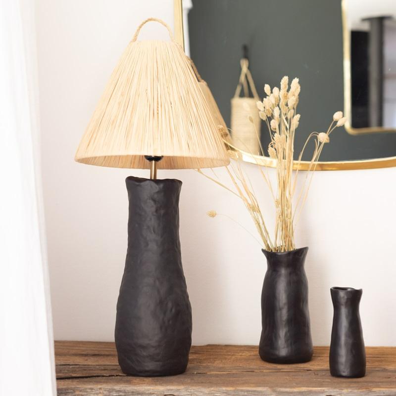 Lampe à poser - Céramique Noir Abat - Jour Raphia - COSYDAR