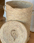 Panier à linge rond en feuille de palmier avec couvercle