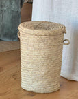 Panier à linge rond en feuille de palmier avec couvercle