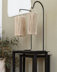 Support lampe de table TEKU métal noir 60cm avec double suspension raphia - ambiance décoration bohème