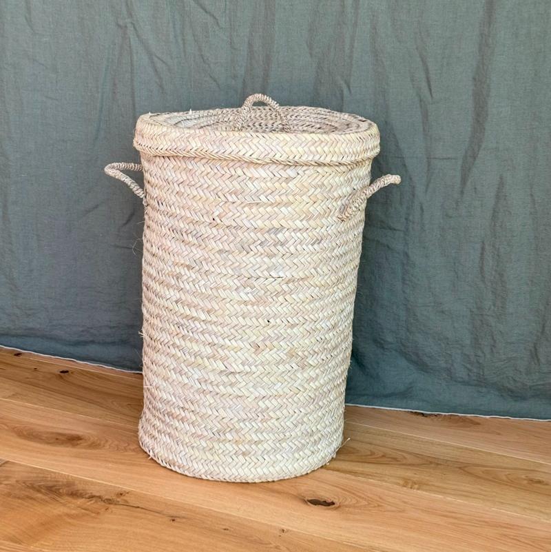 Panier à linge rond en feuille de palmier avec couvercle