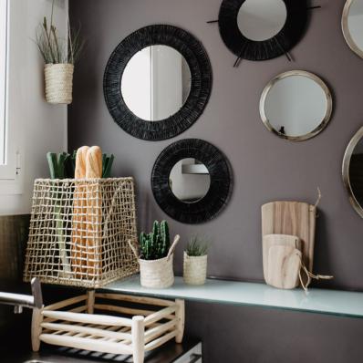 Miroir Tressé en Raphia Noir - 53cm