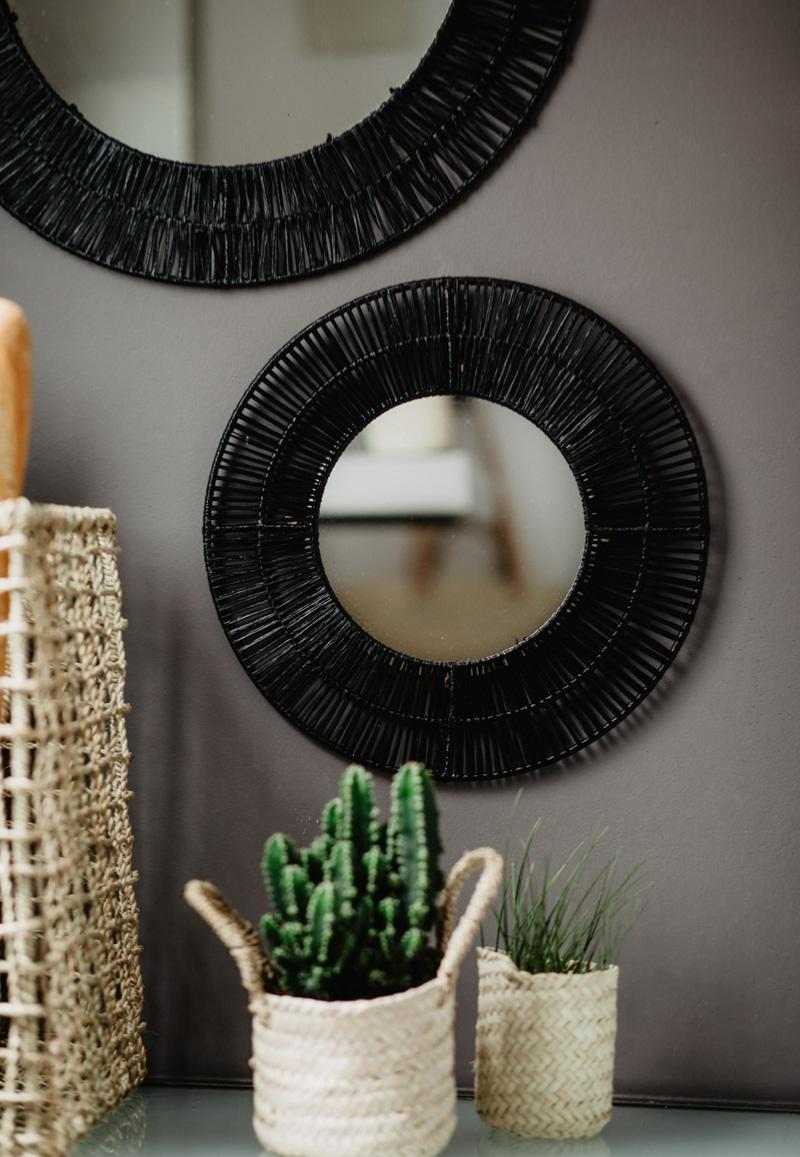 Miroir Tressé en Raphia Noir - 36cm