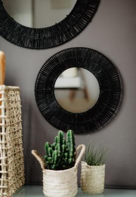 Miroir Tressé en Raphia Noir - 36cm