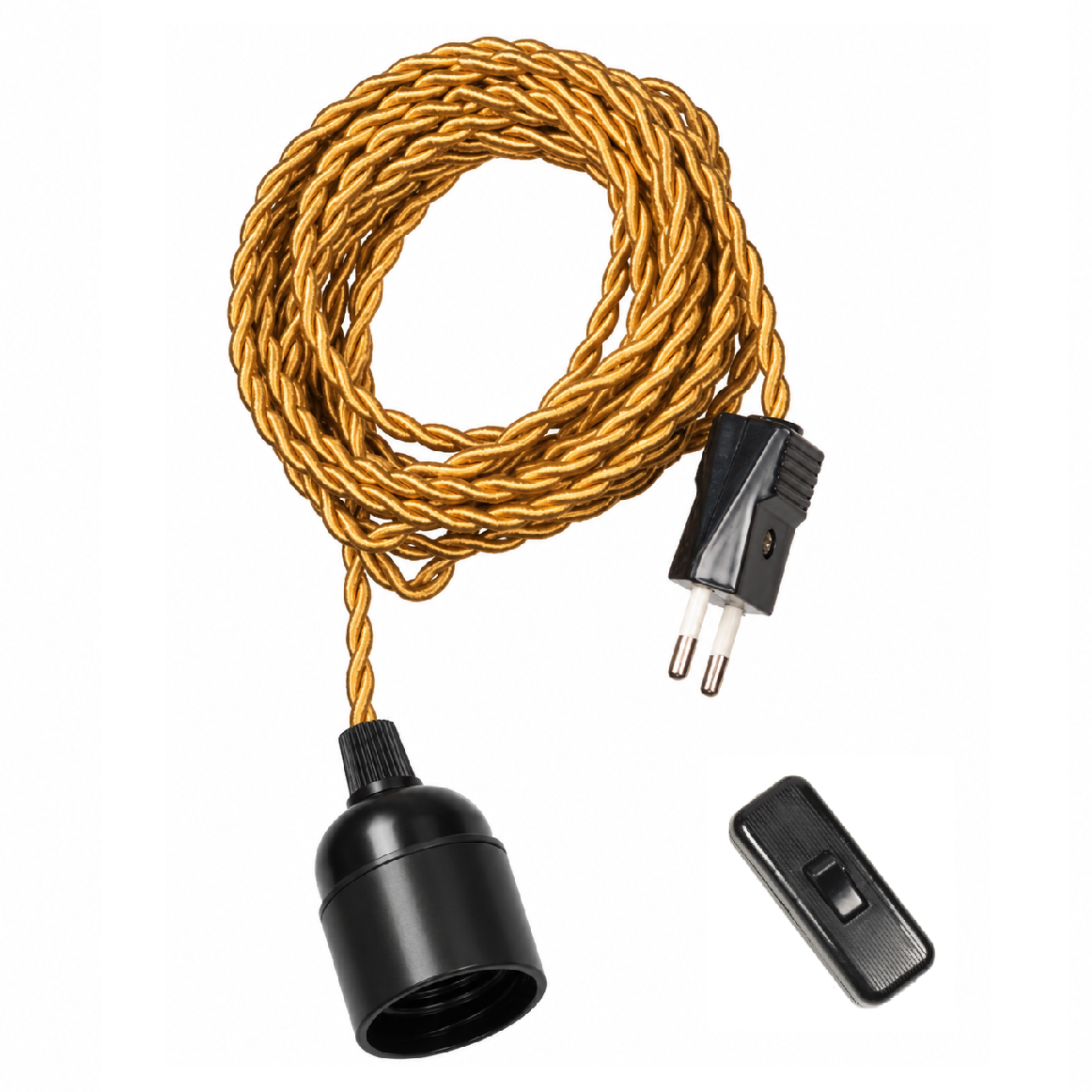 Kit électrique 3 m à brancher, câble textile torsadé doré, douille E27 lisse noire, fiche et interrupteur – Cosydar
