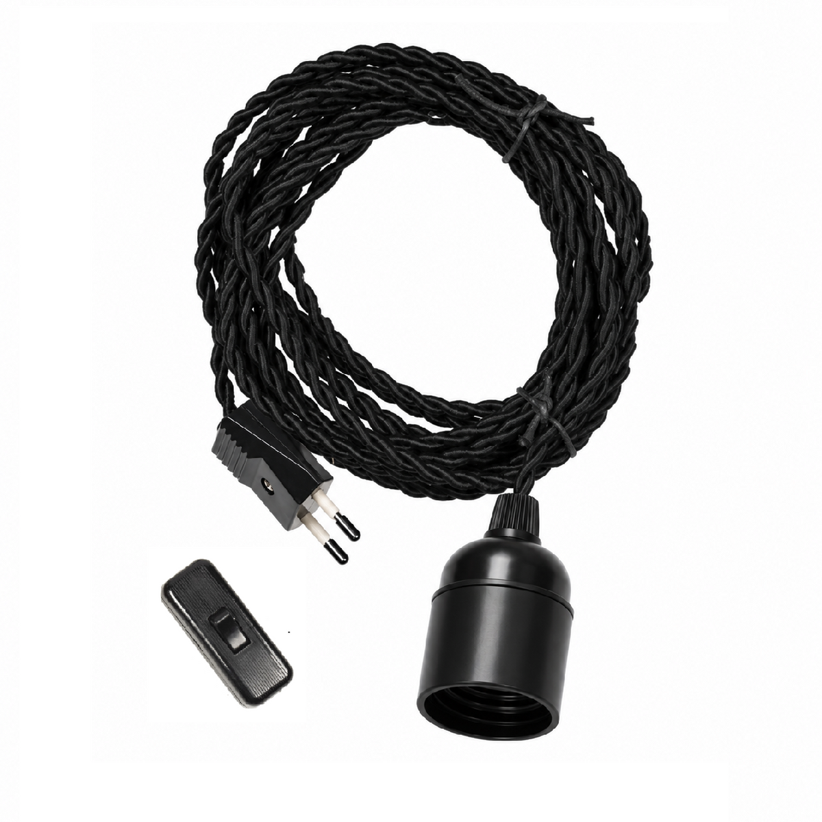 Kit électrique 3 m à brancher, câble textile torsadé noir, douille E27 lisse, fiche et interrupteur – Cosydar