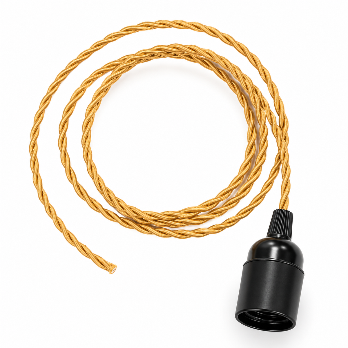 Suspension électrique 1,50 m câble textile torsadé doré, douille E27 lisse noire – Cosydar