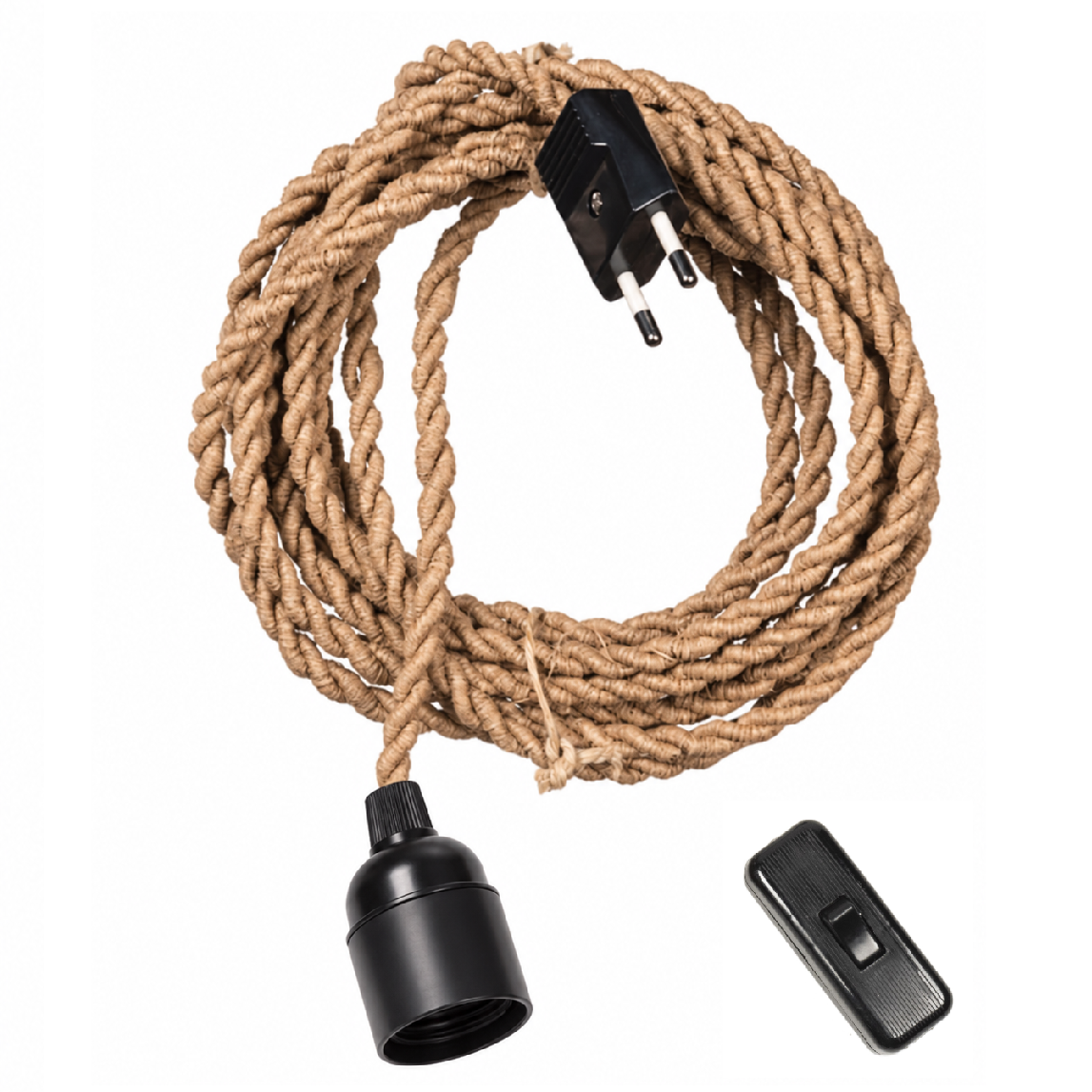 Kit électrique 3 m à brancher, câble textile torsadé jute naturel, douille E27 lisse noire, fiche et interrupteur – Cosydar