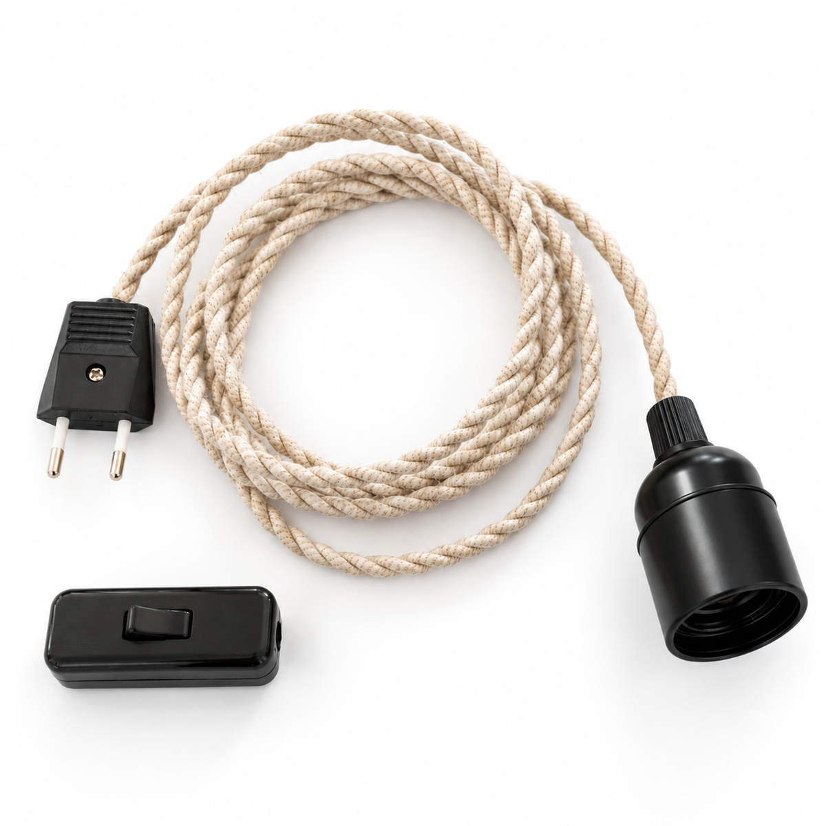 Kit électrique 3 m à brancher, câble textile torsadé écru lin, douille E27 lisse noire, fiche et interrupteur – Cosydar