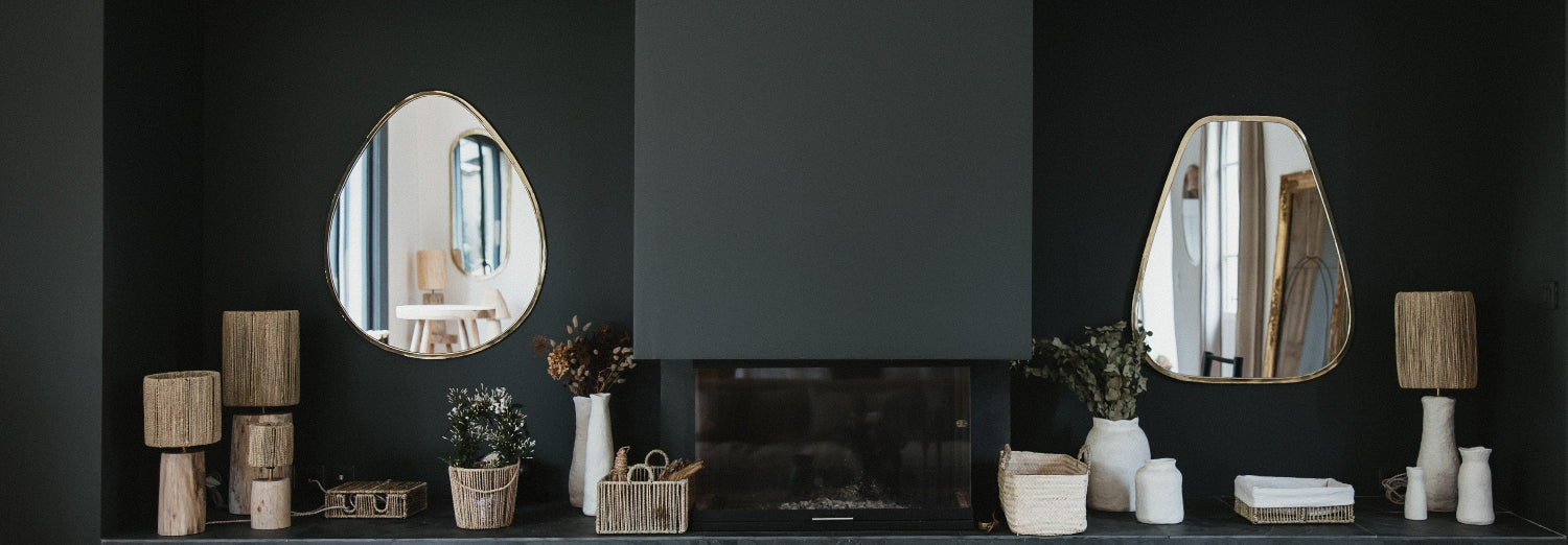 Collection de miroirs artisanaux faits main – dorés en laiton, argentés, cadre noir, corde tressée et bois – décoration murale élégante et salle de bain