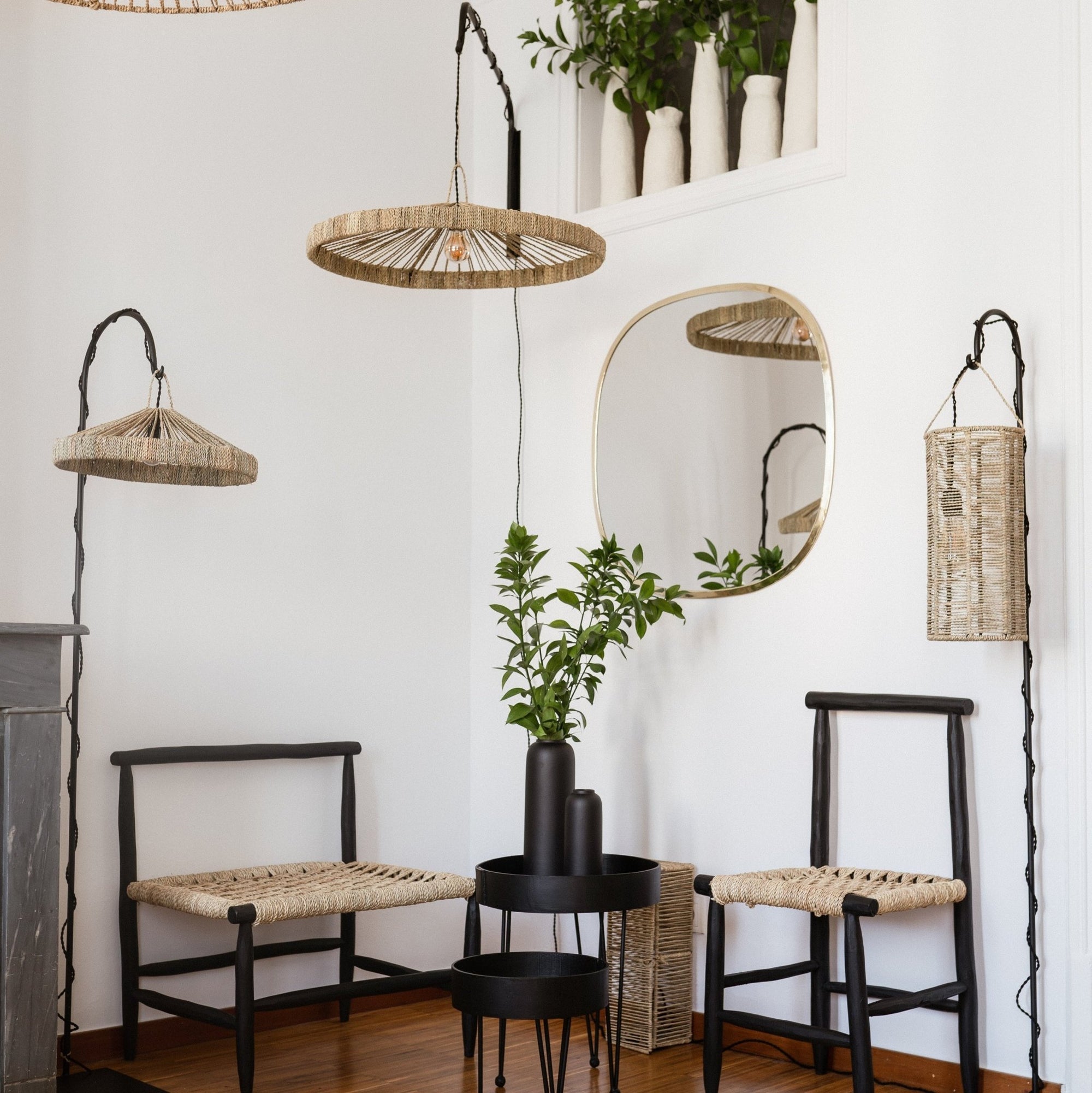 Potence rotative murale 80cm avec suspension en rotin – décoration salon bohème