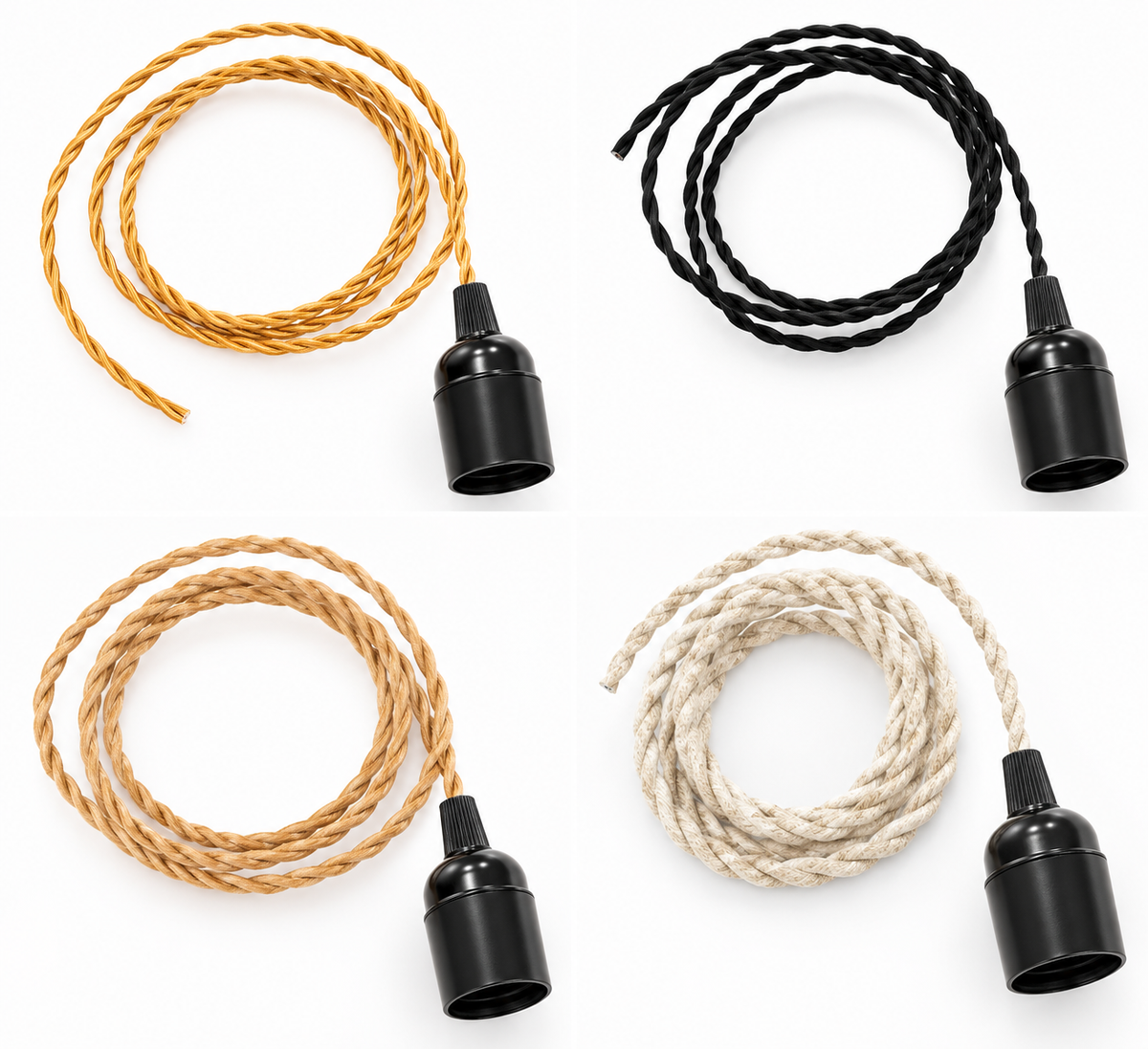 Suspension électrique 1,50 m douille E27 lisse – 4 couleurs de câble textile : noir, doré, jute naturel, écru lin