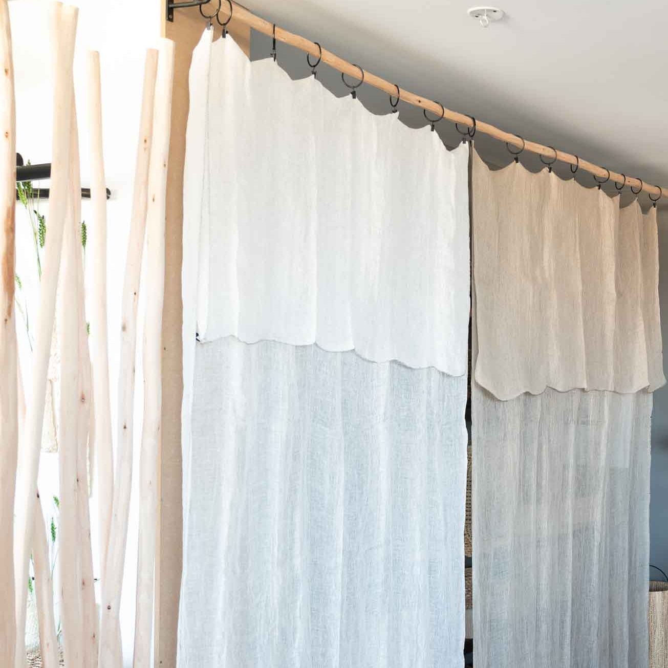 Rideau Voilage 100% Lin Ajustable avec Anneaux - Blanc et Naturel - COSYDAR - DECO