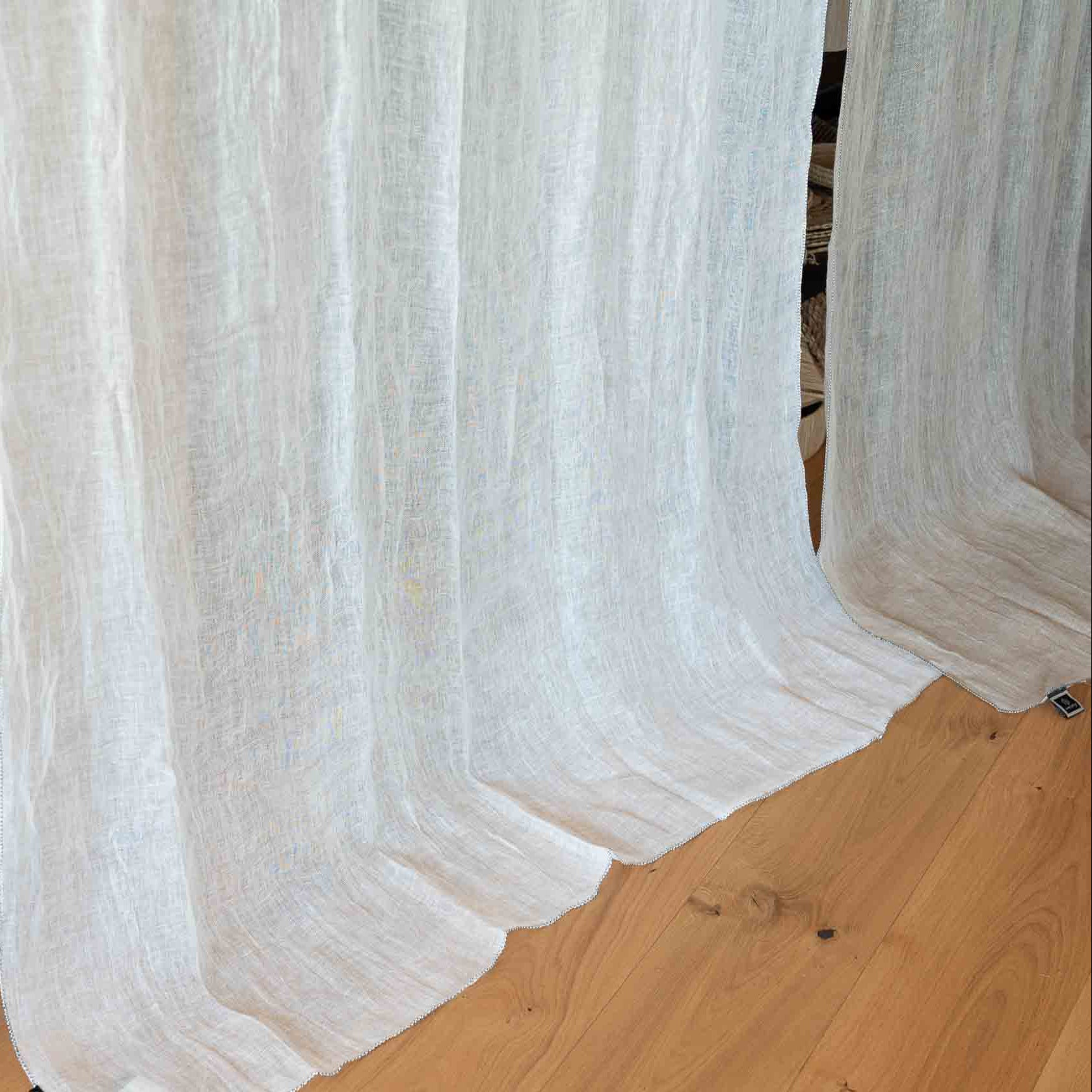 Rideau Voilage 100% Lin Ajustable avec Anneaux - Blanc et Naturel - COSYDAR - DECO
