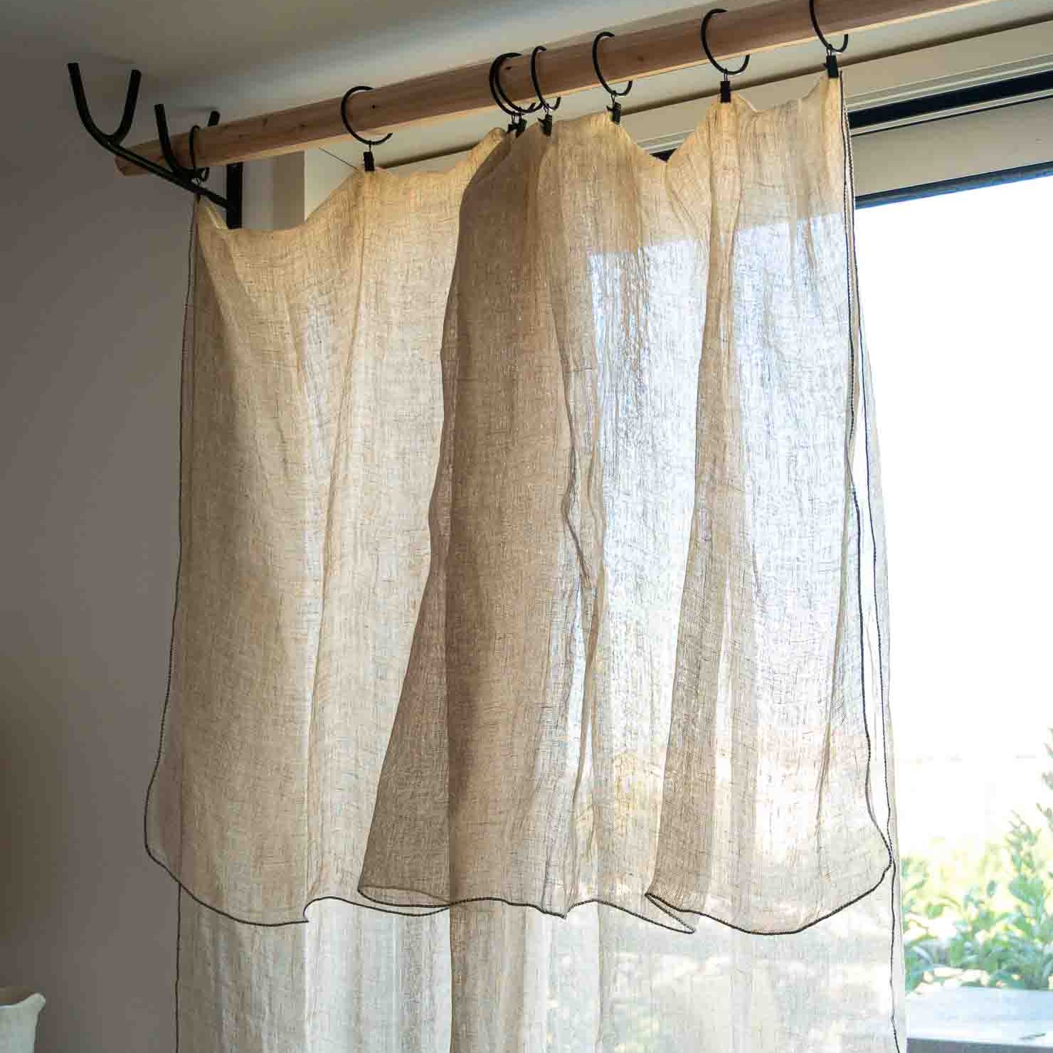 Rideau Voilage 100% Lin Ajustable avec Anneaux - Blanc et Naturel - COSYDAR - DECO