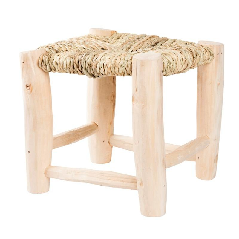 Détail du tressage en doum et structure en bois du Petit Tabouret en bois 20cm