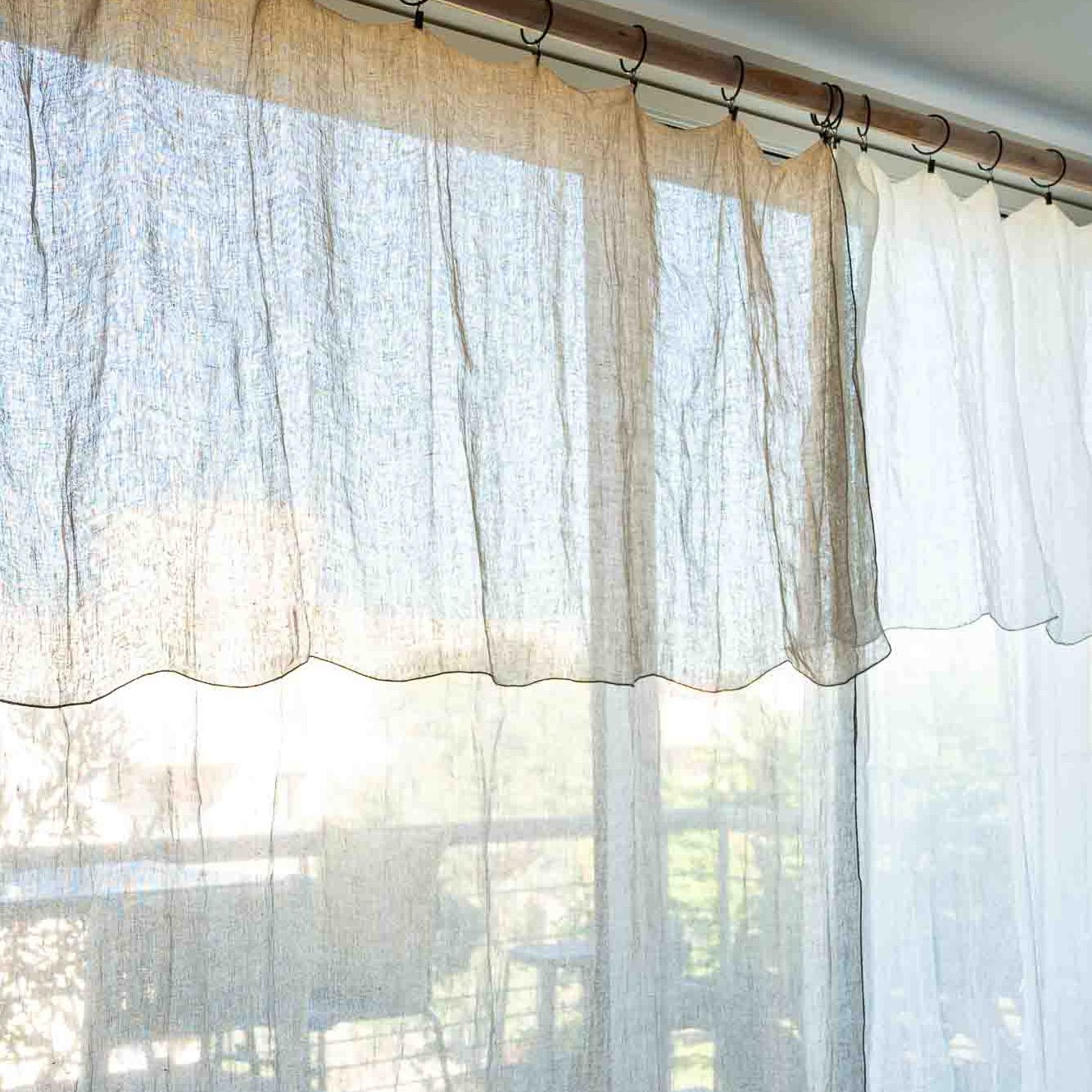 Rideau Voilage 100% Lin Ajustable avec Anneaux - Blanc et Naturel - COSYDAR - DECO