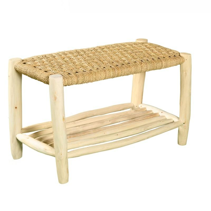 Banc en bois d'eucalyptus tressé corde de palmier avec étagère de rangement