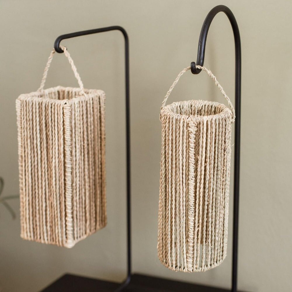 Base lampe de table TEKU avec double suspension en raphia naturel tressé - style bohème