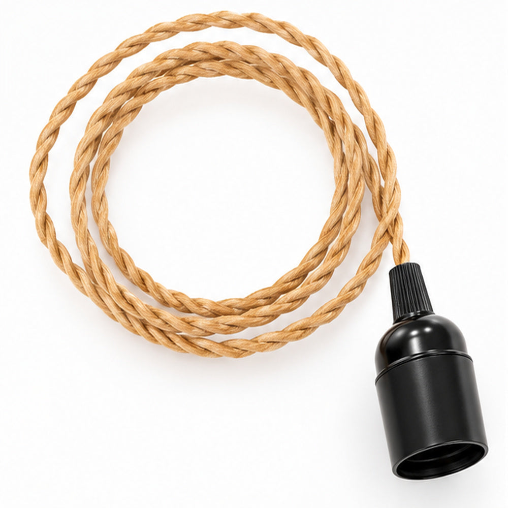 Suspension électrique 1,50 m câble textile torsadé jute naturel, douille E27 lisse noire – Cosydar