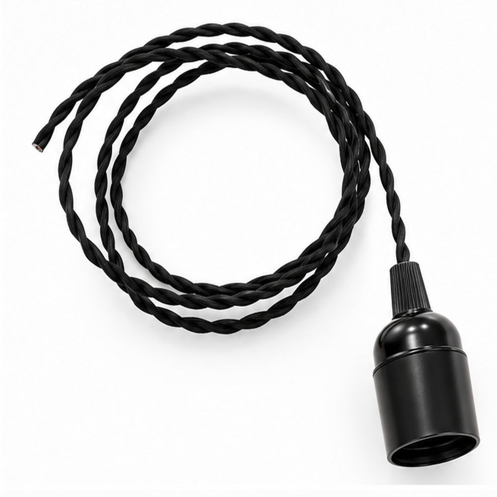 Suspension électrique 1,50 m câble textile torsadé noir, douille E27 lisse noire – Cosydar