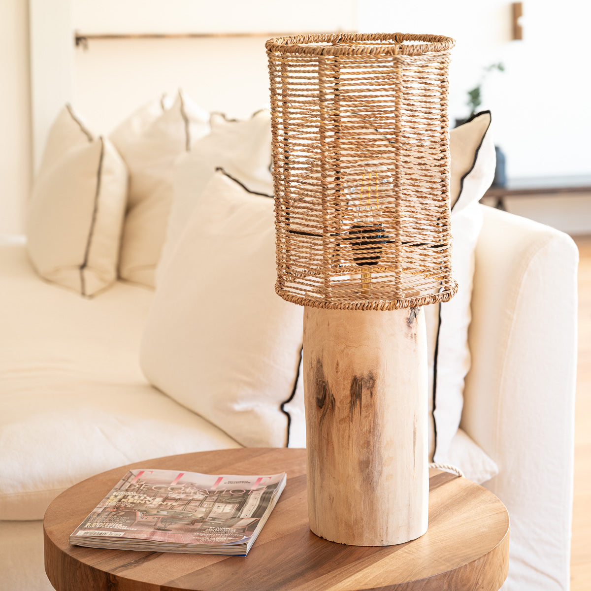 Lampe de table SHEDO noyer brut corde ajourée – décoration salon bohème naturel – Cosydar