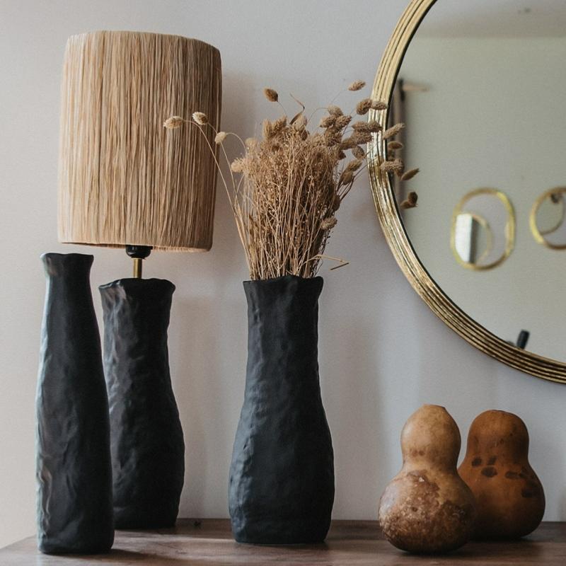 Lampe de chevet grès noir raphia naturel filé TANA NOIR – ambiance bohème naturelle Cosydar
