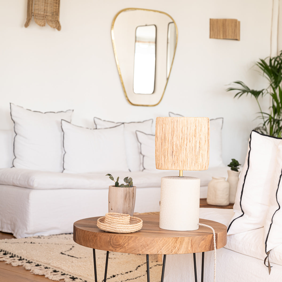 lampes TANA grès blanc chaud raphia tressé – duo décoratif bohème – Cosydar