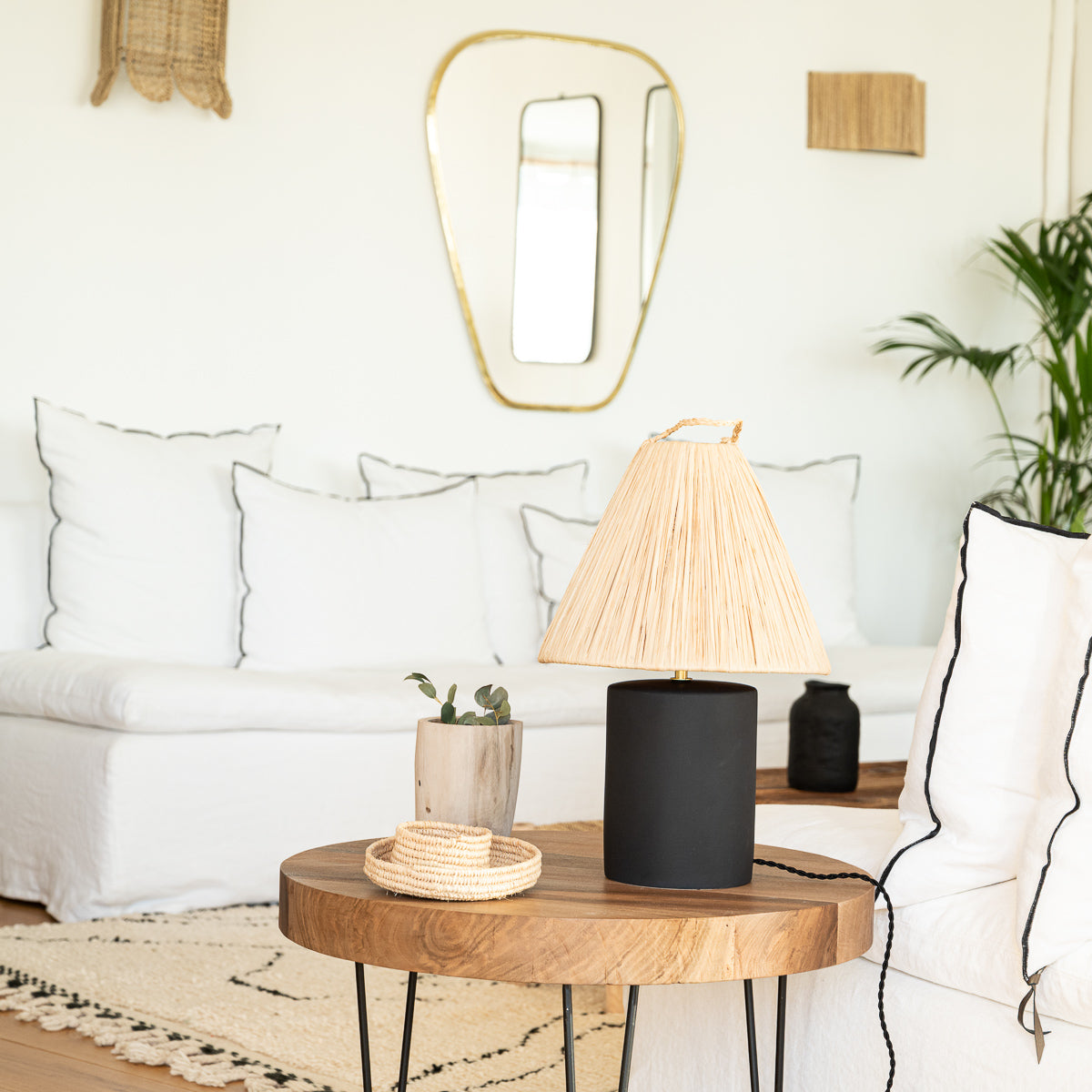 Lampes TANA grès noir et blanc chaud raphia conique – duo décoratif bohème – Cosydar