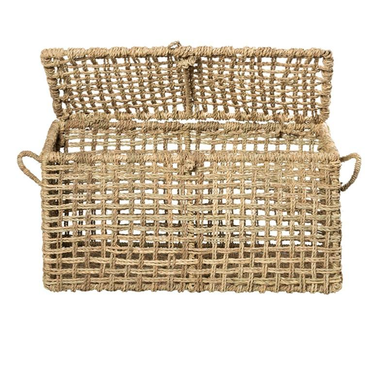 Grande malle tressée en corde de palmier avec structure acier. Rangement bohème artisanal pour jouets, linge, plaids. Robuste et élégant. Cosydar