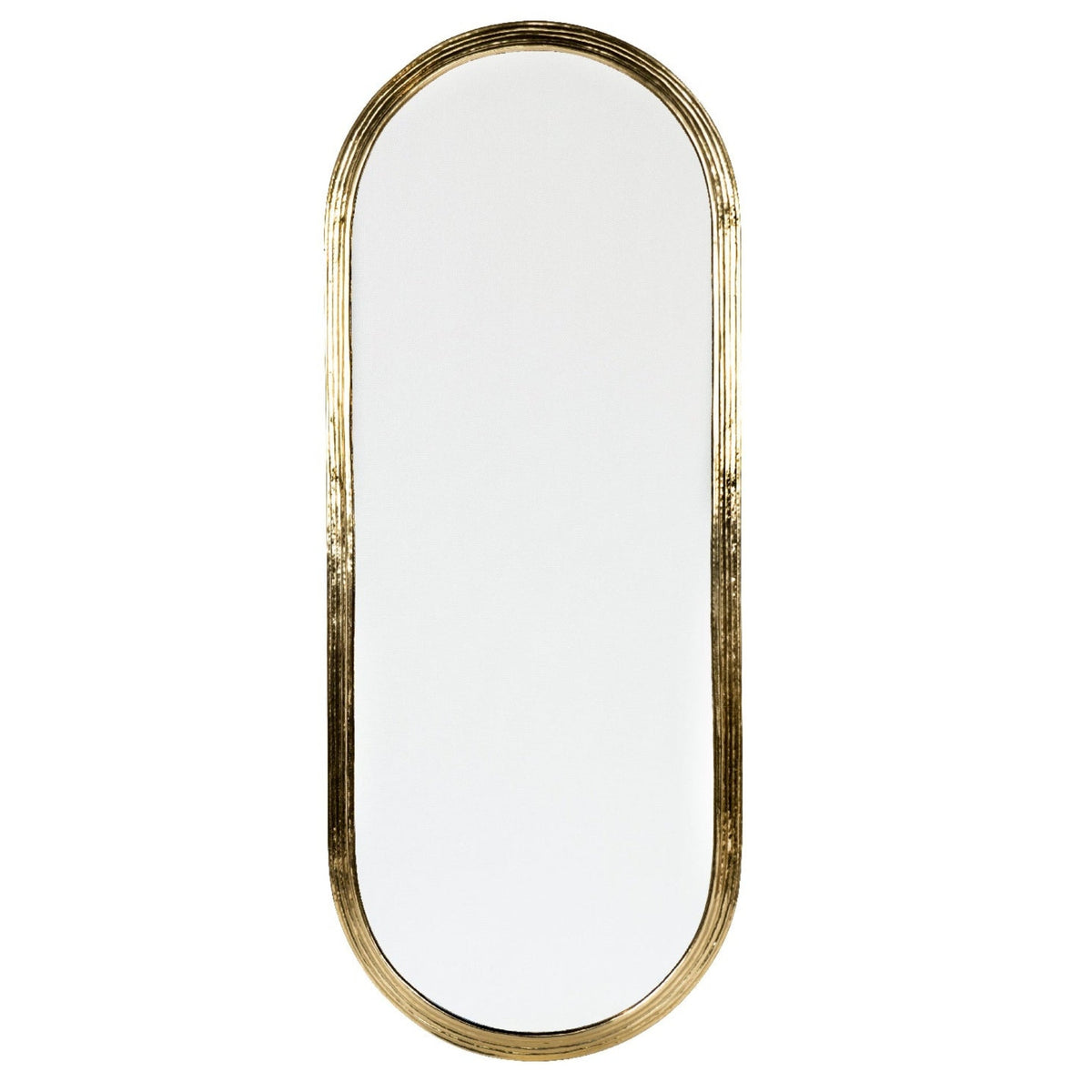 Grand miroir ovale allongé KATAC 120 × 48 cm en laiton doré strié fait main, sur fond blanc - COSYDAR