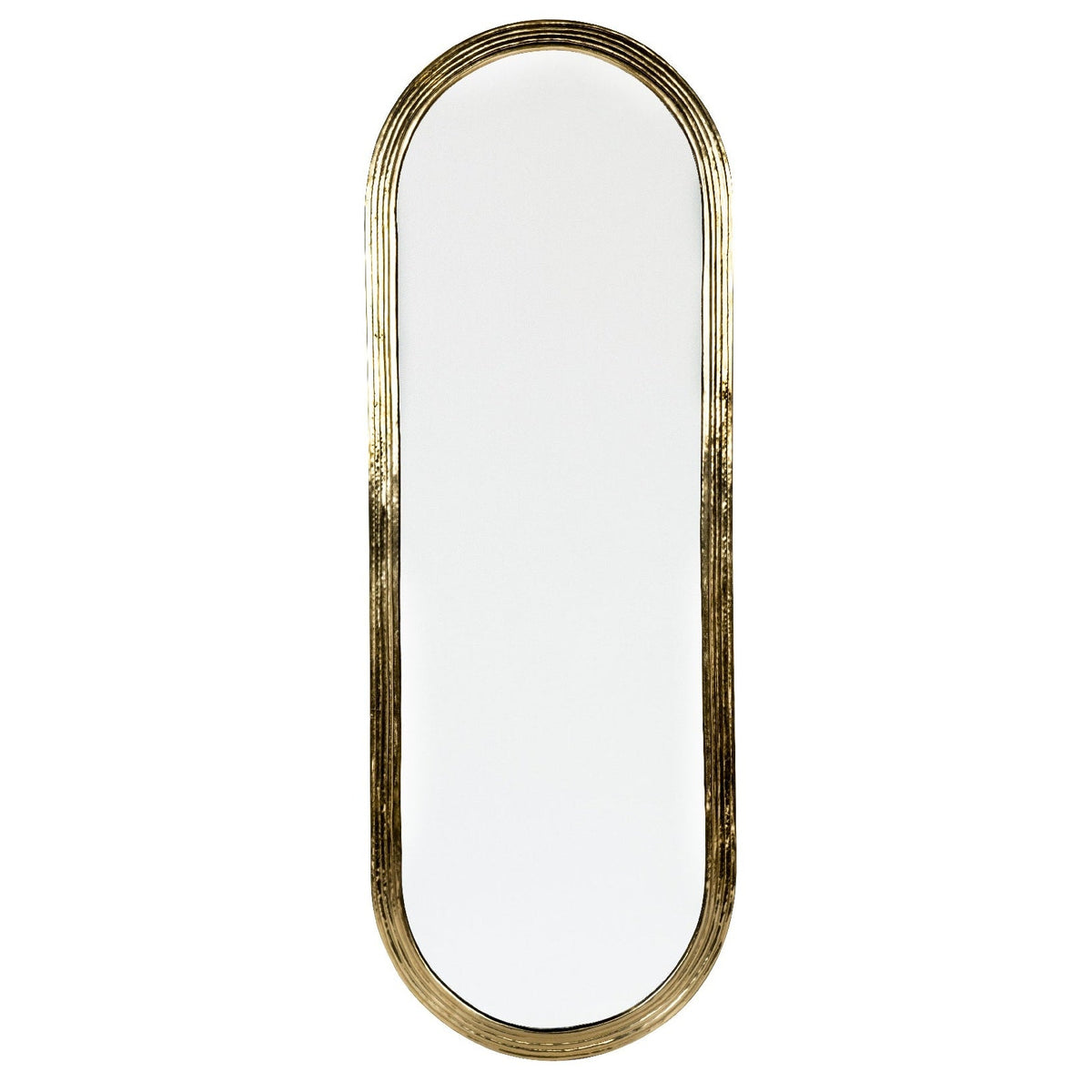 Miroir ovale allongé KATAC 110 × 38 cm en laiton doré strié, sur fond blanc - COSYDAR