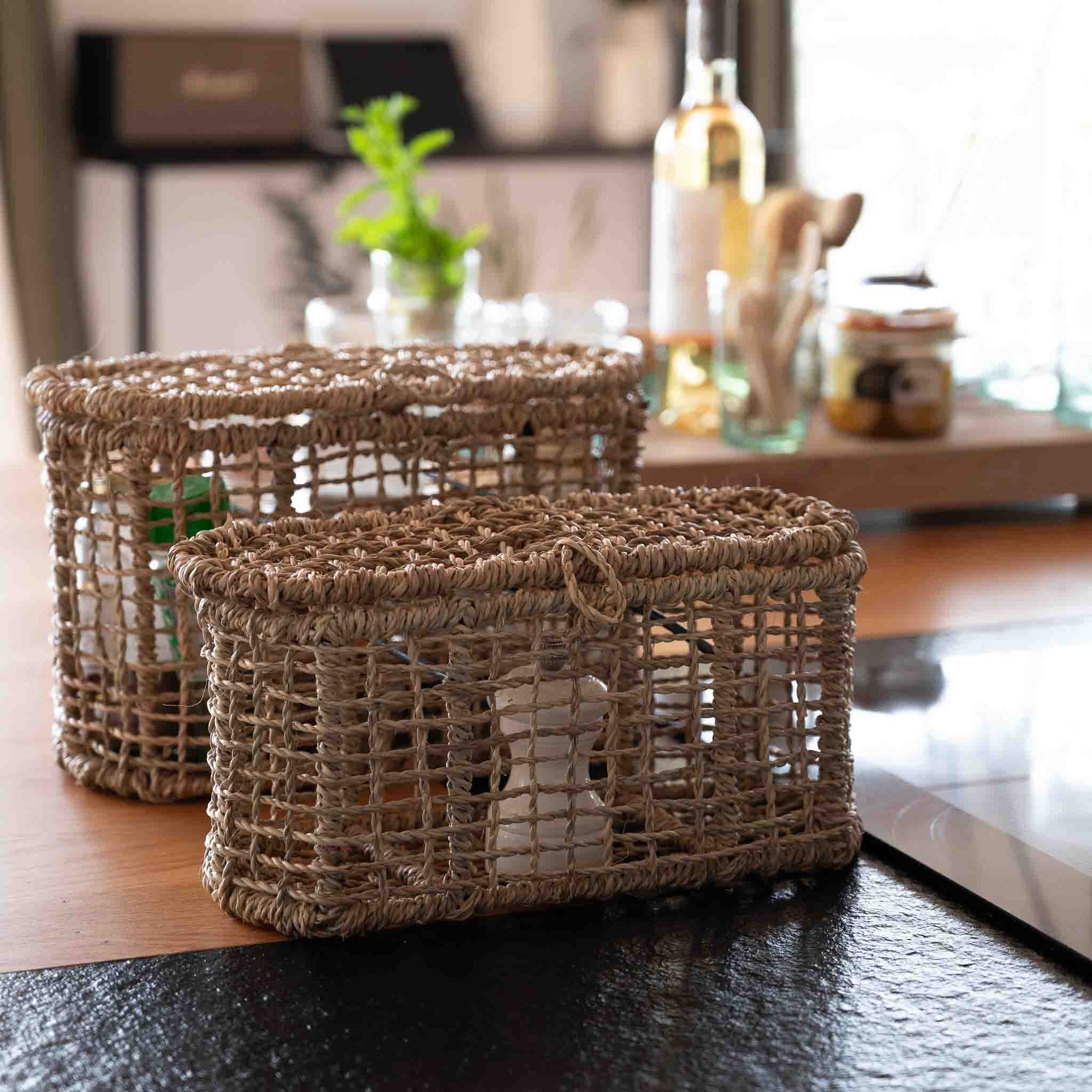 Corbeilles avec couvercle tressées en corde de palmier pour épices et rangement dans la cuisine - COSYDAR
