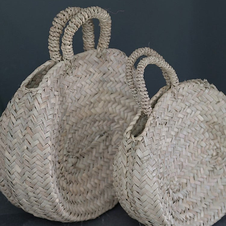2 paniers ronds avec anses tressés en feuille de palmier COSYDAR