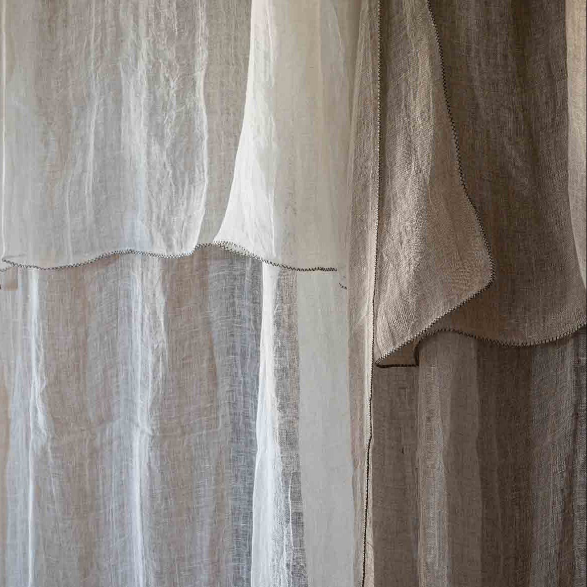 Rideau Voilage 100% Lin Ajustable avec Anneaux - Blanc et Naturel - COSYDAR - DECO