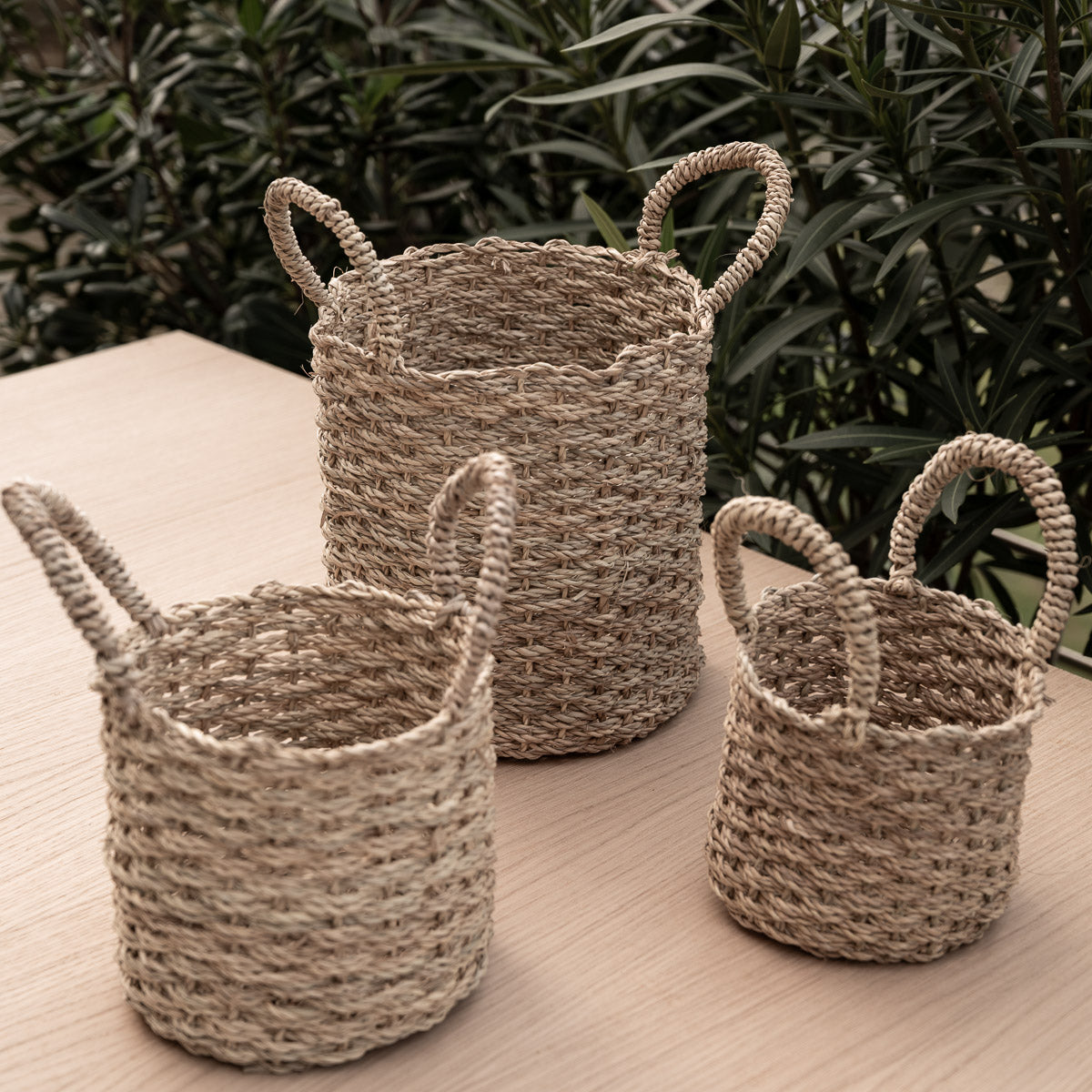 Set de 3 paniers ZEN en corde de palmier avec anses - vue d'ensemble des tailles