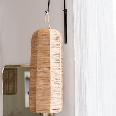 Lámpara colgante cilíndrica de rafia natural - luminaria artesanal ENKO