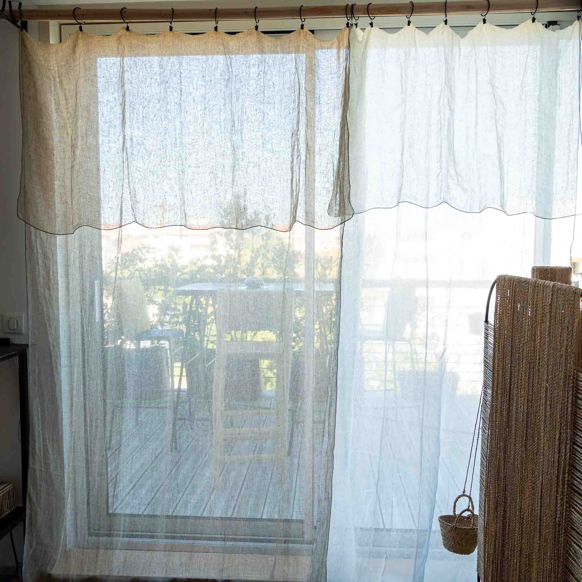 Rideau Voilage 100% Lin Ajustable avec Anneaux - Blanc et Naturel - COSYDAR - DECO